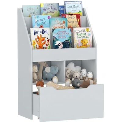 HOMCOM Kind Buchregal mit beweglicher Schublade Montessori Grau Kinder-Bücherregal mit Rollen, Spielzeug-Organizer, für Schlafzimmer, Spielzimmer HOMCOM Kind Buchregal mit beweglicher Schublade Montessori Grau Kinder-Bücherregal mit Rollen, Spielzeug-Organizer, für Schlafzimmer, Spielzimmer
