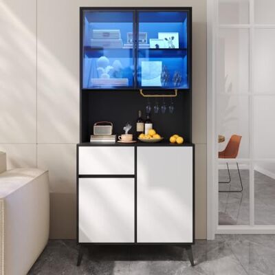 Merax Hochschrank Vitrine 80x40x180 cm, Schwarz-Weiß, Glastüren, LED per App, Weinglashalter, Schublade, Türen, Stauraum für Küche Esszimmer Wohnzimmer Merax Hochschrank Vitrine 80x40x180 cm, Schwarz-Weiß, Glastüren, LED per App, Weinglashalter, Schublade, Türen, Stauraum für Küche Esszimmer Wohnzimmer