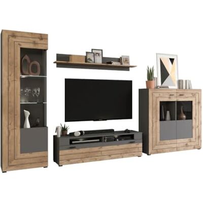 xonox.home Wohnzimmer Freno 4tlg. Set Wohnkombination Wohnwand Wohnzimmermöbel Wohnzimmerschrank Möbelkombination Wohnzimmerset in grau Nb.Absetzung Nox Oak Nb. xonox.home Wohnzimmer Freno 4tlg. Set Wohnkombination Wohnwand Wohnzimmermöbel Wohnzimmerschrank Möbelkombination Wohnzimmerset in grau Nb.Absetzung Nox Oak Nb.