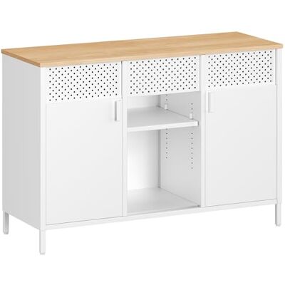 SONGMICS Aufbewahrungsschrank, Metallschrank, Schrank mit Doppeltür, Sideboard, Magnetverschluss, verstellbare Einlegeböden, Stahlgestell, mattweiß-eichenbeige LSC204WC01 SONGMICS Aufbewahrungsschrank, Metallschrank, Schrank mit Doppeltür, Sideboard, Magnetverschluss, verstellbare Einlegeböden, Stahlgestell, mattweiß-eichenbeige LSC204WC01