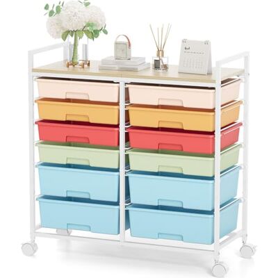 KINGRACK Rollcontainer mit 12 Schubladen und Holzarbeitsplatte, Schubladenschrank für Badezimmer, Küchen, Wohnzimmer und Büros (Bunt) KINGRACK Rollcontainer mit 12 Schubladen und Holzarbeitsplatte, Schubladenschrank für Badezimmer, Küchen, Wohnzimmer und Büros (Bunt)