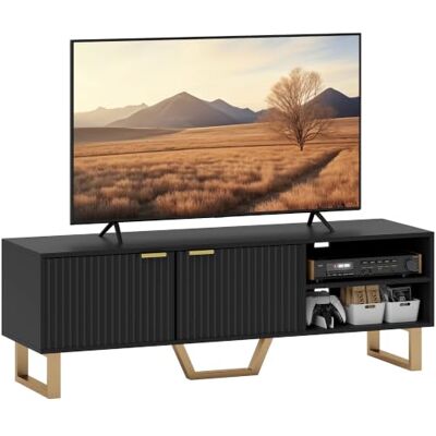HOMCOM Holz-TV-Ständer bis 70 Zoll, 2 Türen, 140x39x47cm, Schwarz TV-Ständer, TV-Bank, Schrank, Rillentüren, offenes Fach, Kabelführung, Wohnzimmer, Schlafzimmer HOMCOM Holz-TV-Ständer bis 70 Zoll, 2 Türen, 140x39x47cm, Schwarz TV-Ständer, TV-Bank, Schrank, Rillentüren, offenes Fach, Kabelführung, Wohnzimmer, Schlafzimmer