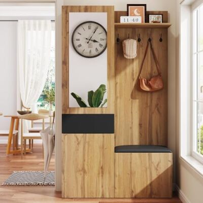 kaoices Garderoben-Set Schwarz/Holz mit Spiegel, 5 Haken & Schuhschrank – Flurgarderobe mit Einbauschrank, Schubladen & Sitzbank kaoices Garderoben-Set Schwarz/Holz mit Spiegel, 5 Haken & Schuhschrank – Flurgarderobe mit Einbauschrank, Schubladen & Sitzbank