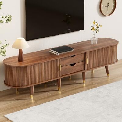 BTM TV-Schrank mit Schiebetüren Lowboard Stehend TV-Ständer mit Schubladen Fernsehschrank für Wohnzimmer, Walnussfarbe BTM TV-Schrank mit Schiebetüren Lowboard Stehend TV-Ständer mit Schubladen Fernsehschrank für Wohnzimmer, Walnussfarbe