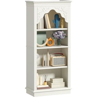 YITAHOME 4-Tier Vintage Bücherregal mit geschnitztem Design Bücherregal offenes Display Lagerung- Ideal für Wohnzimmer, Schlafzimmer, Arbeitszimmer & Büro, Weiß, 140cm YITAHOME 4-Tier Vintage Bücherregal mit geschnitztem Design Bücherregal offenes Display Lagerung- Ideal für Wohnzimmer, Schlafzimmer, Arbeitszimmer & Büro, Weiß, 140cm