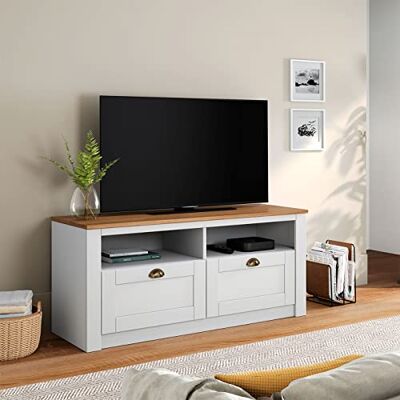 IDIMEX TV Lowboard Bolton aus massiver Kiefer in weiß/braun, TV Bank mit 2 Schubladen, praktische TV Kommode mit Muschelgriffen, TV Möbel im Landhausstil IDIMEX TV Lowboard Bolton aus massiver Kiefer in weiß/braun, TV Bank mit 2 Schubladen, praktische TV Kommode mit Muschelgriffen, TV Möbel im Landhausstil