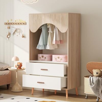 Merax Kinderkleiderschrank offener Kleiderschrank für Kinderzimmer mit 2 Schubladen und Kleiderstange, Vollholzgriffen, 80×46×141,5cm, Weiß & Naturholz Merax Kinderkleiderschrank offener Kleiderschrank für Kinderzimmer mit 2 Schubladen und Kleiderstange, Vollholzgriffen, 80×46×141,5cm, Weiß & Naturholz