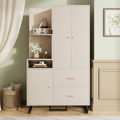 Merax Kompaktgarderobe 110x186x38 cm, mit Regal & Schubladen, Flurgarderobe Dielenschrank Kleiderschrank mit Türen, Schuhschrank & Ablageflächen, Moderne Garderobe für Diele & Flur, Graubeige Merax Kompaktgarderobe 110x186x38 cm, mit Regal & Schubladen, Flurgarderobe Dielenschrank Kleiderschrank mit Türen, Schuhschrank & Ablageflächen, Moderne Garderobe für Diele & Flur, Graubeige