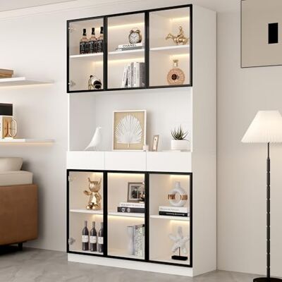 Merax Vitrinenschrank 200cm, Modern LED Glasvitrine Bücherschrank, Hochschrank Standvitrine mit Glasschrank Tür, Highboard Sammlervitrine mit 6 Türen 3 Schubladen, für Wohnzimmer Esszimmer Büro, Weiß Merax Vitrinenschrank 200cm, Modern LED Glasvitrine Bücherschrank, Hochschrank Standvitrine mit Glasschrank Tür, Highboard Sammlervitrine mit 6 Türen 3 Schubladen, für Wohnzimmer Esszimmer Büro, Weiß
