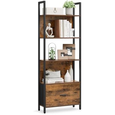 VASAGLE Bücherregal mit 5 Ebenen, Eckregal mit Schublade, Leiterregal, Industrial-Design, mit Stahlrahmen, für Wohnzimmer, Home Office, Schlafzimmer, 24 x 60 x 165 cm, vintagebraun-schwarz LLS147B01 VASAGLE Bücherregal mit 5 Ebenen, Eckregal mit Schublade, Leiterregal, Industrial-Design, mit Stahlrahmen, für Wohnzimmer, Home Office, Schlafzimmer, 24 x 60 x 165 cm, vintagebraun-schwarz LLS147B01