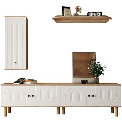 BTM Wohnwand, 3-TLG ., Best. aus: Highboard, Schränke, Wandboard. Weiße und hölzerne, Geschnitzte Türpaneele. BTM Wohnwand, 3-TLG ., Best. aus: Highboard, Schränke, Wandboard. Weiße und hölzerne, Geschnitzte Türpaneele.
