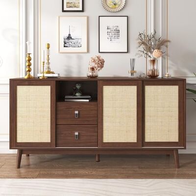 Merax Rattan Sideboard mit 3 Schiebetüren & 2 Schubladen, 155x38x80 cm, Sideboard Kommode mit Stauraum & Massivholzfüßen, Anrichte Wohnzimmer Esszimmer Flur, Schrank modern & stabil Merax Rattan Sideboard mit 3 Schiebetüren & 2 Schubladen, 155x38x80 cm, Sideboard Kommode mit Stauraum & Massivholzfüßen, Anrichte Wohnzimmer Esszimmer Flur, Schrank modern & stabil