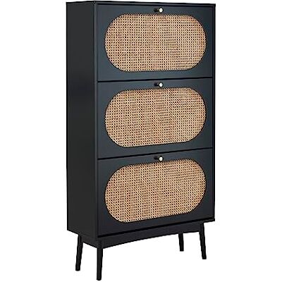 CATHIA - 3-tür Schuhschrank - 80x30x146 cm - Schwarz Rattan CATHIA - 3-tür Schuhschrank - 80x30x146 cm - Schwarz Rattan