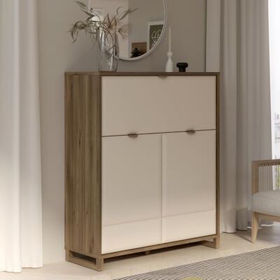 Forte MAREDA Barkommode 115, Hohe Kommode mit 2 Türen und 1 Kippfach, Kaschmir/Beige, Valencia Eiche Dekor/Sand, 114,5 cm breit, 134,9 cm hoch, 41,9 cm tief Forte MAREDA Barkommode 115, Hohe Kommode mit 2 Türen und 1 Kippfach, Kaschmir/Beige, Valencia Eiche Dekor/Sand, 114,5 cm breit, 134,9 cm hoch, 41,9 cm tief