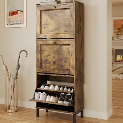 Bealife Schuhregal mit 3 Klapptüren, doppelte Tiefe, schmaler Organizer für den Eingang, 50 x 118 x 24 cm, für Flur, Schlafzimmer (Retro) Bealife Schuhregal mit 3 Klapptüren, doppelte Tiefe, schmaler Organizer für den Eingang, 50 x 118 x 24 cm, für Flur, Schlafzimmer (Retro)