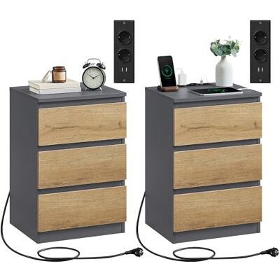 VASAGLE Kailyn Kollektion Nachttisch mit Steckdosenleiste, 2er Set, Beistelltisch, 3 Schubladen, 2 AC-Steckdosen, 2 USB-A-Anschlüsse, modern, schiefergrau-naturbraun LET831G01 VASAGLE Kailyn Kollektion Nachttisch mit Steckdosenleiste, 2er Set, Beistelltisch, 3 Schubladen, 2 AC-Steckdosen, 2 USB-A-Anschlüsse, modern, schiefergrau-naturbraun LET831G01