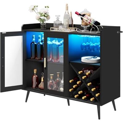YITAHOME Barschrank mit verstellbaren LED-Lichtern, Kaffeebar mit Weinregal & Haken & Acryl-Türschrank, Küche Buffet Sideboard für Home Bar/Esszimmer/Wohnzimmer, Schwarz YITAHOME Barschrank mit verstellbaren LED-Lichtern, Kaffeebar mit Weinregal & Haken & Acryl-Türschrank, Küche Buffet Sideboard für Home Bar/Esszimmer/Wohnzimmer, Schwarz
