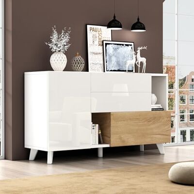 Merax Sideboard Kommode Weißes Hochglanz, Moderner TV-Schrank mit 2 Türen, 2 Schubladen und Offenes Fach, Mehrzweckschrank Beistellschrank für Wohnzimmer, Esszimmer, Flur, Griffloses Design, 130cm Merax Sideboard Kommode Weißes Hochglanz, Moderner TV-Schrank mit 2 Türen, 2 Schubladen und Offenes Fach, Mehrzweckschrank Beistellschrank für Wohnzimmer, Esszimmer, Flur, Griffloses Design, 130cm
