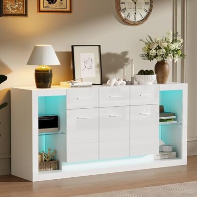 Merax Sideboard Hochglanz Weiß mit LED, 160 cm Modernes Wohnzimmer Kommode mit 3 Türen, 3 Schubladen, Offener Glasablage & Verstellbarem Einlegeboden, Mehrzweckschrank Buffetschrank für Esszimmer Merax Sideboard Hochglanz Weiß mit LED, 160 cm Modernes Wohnzimmer Kommode mit 3 Türen, 3 Schubladen, Offener Glasablage & Verstellbarem Einlegeboden, Mehrzweckschrank Buffetschrank für Esszimmer