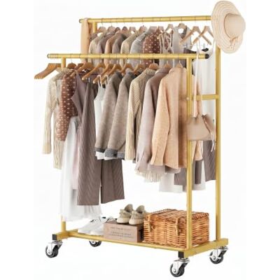 Calmootey Kleiderständer mit Doppelstange, rollbarer Kleiderständer, tragbarer Kleider-Organizer für Schlafzimmer, Wohnzimmer, Bekleidungsgeschäft, Gold Calmootey Kleiderständer mit Doppelstange, rollbarer Kleiderständer, tragbarer Kleider-Organizer für Schlafzimmer, Wohnzimmer, Bekleidungsgeschäft, Gold