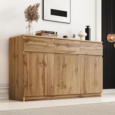 Merax Sideboard Kommode mit 3 Türen, 3 Schubladen, Moderne Buffetschrank Mehrzweckschrank mit Verstellbare Ablage, Beistellschrank für Küche, Flur, Esszimmer, Wohnzimmer, Schlafzimmer, Holzfarbe Merax Sideboard Kommode mit 3 Türen, 3 Schubladen, Moderne Buffetschrank Mehrzweckschrank mit Verstellbare Ablage, Beistellschrank für Küche, Flur, Esszimmer, Wohnzimmer, Schlafzimmer, Holzfarbe