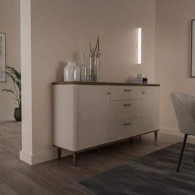 Forte LACETTI Kommode 120, Moderne Kommode, Skandi Lamellen Design, 3 Schubladen, 1 Tür, Holzwerkstoff, Kaschmir Beige Valencia Eiche Holzdekor, 120,1 cm breit x 91,7 cm hoch x 41,2 cm tief Forte LACETTI Kommode 120, Moderne Kommode, Skandi Lamellen Design, 3 Schubladen, 1 Tür, Holzwerkstoff, Kaschmir Beige Valencia Eiche Holzdekor, 120,1 cm breit x 91,7 cm hoch x 41,2 cm tief