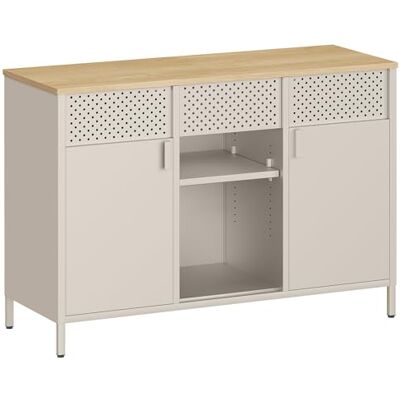 SONGMICS Aufbewahrungsschrank, Metallschrank, Schrank mit Doppeltür, Sideboard, Magnetverschluss, verstellbare Einlegeböden, Stahlgestell, sandbeige-natureichenfarben LSC204LF01 SONGMICS Aufbewahrungsschrank, Metallschrank, Schrank mit Doppeltür, Sideboard, Magnetverschluss, verstellbare Einlegeböden, Stahlgestell, sandbeige-natureichenfarben LSC204LF01