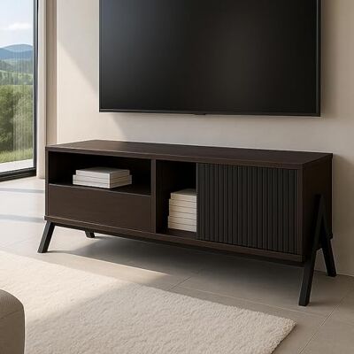 Mendler TV-Rack HWC-O40 MDF Metall Melamin 49x120x40cm Walnuss-Optik Lowboard, TV-Schrank, Schiebetür, Staufächer, Schublade Mendler TV-Rack HWC-O40 MDF Metall Melamin 49x120x40cm Walnuss-Optik Lowboard, TV-Schrank, Schiebetür, Staufächer, Schublade