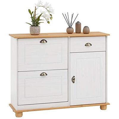IDIMEX Schuhkipper Colmar, Weiß/Braun schmaler Schuhschrank mit Schublade, 2 Klappen und 1 Tür, Flurschrank im Landhausstil, Muschelgriffe aus Metall, Kiefer Massivholz IDIMEX Schuhkipper Colmar, Weiß/Braun schmaler Schuhschrank mit Schublade, 2 Klappen und 1 Tür, Flurschrank im Landhausstil, Muschelgriffe aus Metall, Kiefer Massivholz