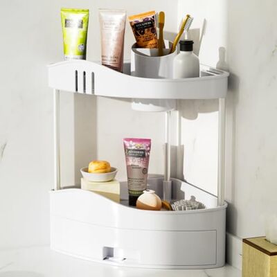 BAKAJI Eckregal für Badezimmer mit Schublade, Organizer mit Mehreren Ebenen aus Hartplastik, Eckregal für Badezimmer, Küche, Büro, Zuhause (2 Böden) BAKAJI Eckregal für Badezimmer mit Schublade, Organizer mit Mehreren Ebenen aus Hartplastik, Eckregal für Badezimmer, Küche, Büro, Zuhause (2 Böden)