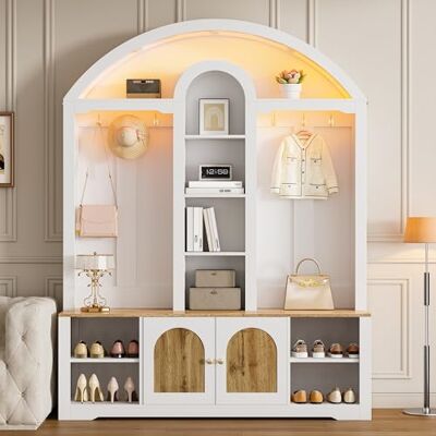 Merax Multifunktionaler Kleiderschrank für Eingangsbereich mit Schuhregal, Ablagen und Haken, moderner Garderobenschrank mit gebogenem Design, Doppeltür-Stauraum und offenem Regal, Weiß Merax Multifunktionaler Kleiderschrank für Eingangsbereich mit Schuhregal, Ablagen und Haken, moderner Garderobenschrank mit gebogenem Design, Doppeltür-Stauraum und offenem Regal, Weiß