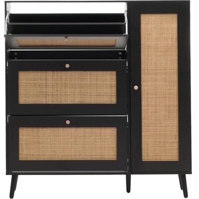 Mendler Rattan-Schuhkipper HWC-M37 127x120x24cm Holz schwarz Schuhregal, Schuhschrank, 3 Kippfächer, 2 Regalböden, Melamin Mendler Rattan-Schuhkipper HWC-M37 127x120x24cm Holz schwarz Schuhregal, Schuhschrank, 3 Kippfächer, 2 Regalböden, Melamin