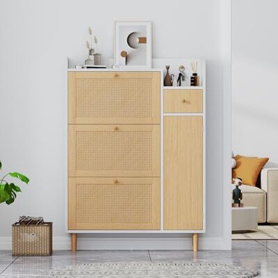 Merax Rattan Schuhschrank mit 3 Klappen & Schublade – Platzsparender Schuhkipper für schmale Flure – Schuhkommode aus Holzwerkstoff mit Massivholzbeinen – B90 x H125 x T17 cm (Natur+Weiß) Merax Rattan Schuhschrank mit 3 Klappen & Schublade – Platzsparender Schuhkipper für schmale Flure – Schuhkommode aus Holzwerkstoff mit Massivholzbeinen – B90 x H125 x T17 cm (Natur+Weiß)