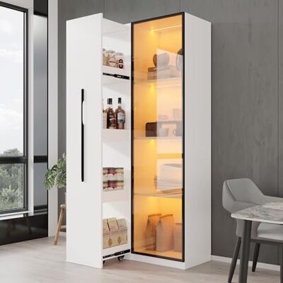 BTM Multifunktionsschrank Vitrine und Bücherregal mit Türen mit Rollen, Glasvitrine mit LED Beleuchtung Vitrine Esszimmersch, Weiß BTM Multifunktionsschrank Vitrine und Bücherregal mit Türen mit Rollen, Glasvitrine mit LED Beleuchtung Vitrine Esszimmersch, Weiß