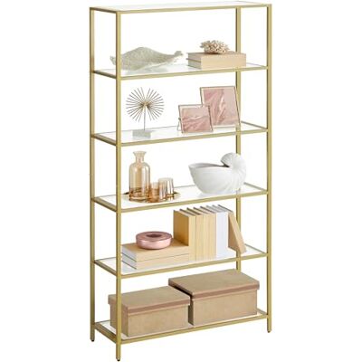 VASAGLE Badregal mit 6 Ablagen, gehärtetes Glas, einfache Montage für Badezimmer, Wohnzimmer, Küche, Büro, Klar Metallic Gold LGT503A01 VASAGLE Badregal mit 6 Ablagen, gehärtetes Glas, einfache Montage für Badezimmer, Wohnzimmer, Küche, Büro, Klar Metallic Gold LGT503A01