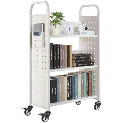 VEVOR Bücherwagen, 150 kg Tragkraft, Bibliothekswagen, 77 x 38 x 122 cm, einseitiges L-förmiges Bücherregal mit Doppelbremsrollen, Bücherregalwagen für Wohnzimmer, Büro, Schule, Weiß VEVOR Bücherwagen, 150 kg Tragkraft, Bibliothekswagen, 77 x 38 x 122 cm, einseitiges L-förmiges Bücherregal mit Doppelbremsrollen, Bücherregalwagen für Wohnzimmer, Büro, Schule, Weiß