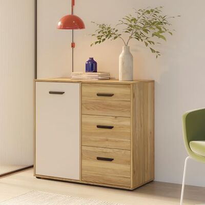 Forte MOKKARO Kommode 95, Kommode mit 3 Schubladen und Tür, Sideboard im modernen Stil, Holzwerkstoff, Mauvella Eiche Holzdekor, Kaschmir Beige, 94,7cm breit x 84,9 cm hoch x42 cm tief Forte MOKKARO Kommode 95, Kommode mit 3 Schubladen und Tür, Sideboard im modernen Stil, Holzwerkstoff, Mauvella Eiche Holzdekor, Kaschmir Beige, 94,7cm breit x 84,9 cm hoch x42 cm tief