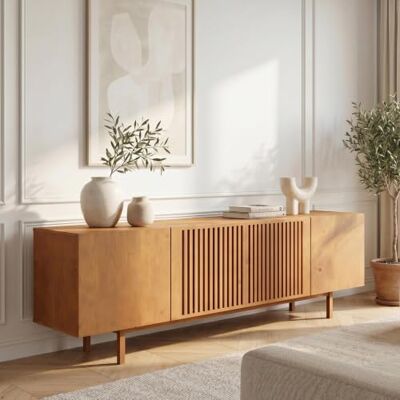 IDIMEX Lowboard Linn, 180 cm aus Massivholz, Eiche Finish TV Lowboard mit Lamellentüren, TV Schrank aus Kiefernholz, Sideboard für Wohnzimmer und Flur, niedrige Kommode mit Stauraum. IDIMEX Lowboard Linn, 180 cm aus Massivholz, Eiche Finish TV Lowboard mit Lamellentüren, TV Schrank aus Kiefernholz, Sideboard für Wohnzimmer und Flur, niedrige Kommode mit Stauraum.