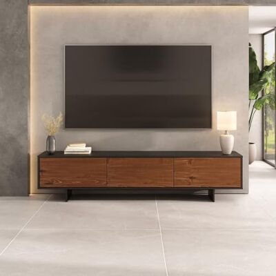 IDIMEX Lowboard ARTO 185 cm, Schwarz/Kastanie Finish – Moderne TV Konsole mit 3 Türen aus Kiefer Massivholz, schwebende Optik, Push-to-Open-Funktion, niedriges Lowboard mit Stauraum IDIMEX Lowboard ARTO 185 cm, Schwarz/Kastanie Finish – Moderne TV Konsole mit 3 Türen aus Kiefer Massivholz, schwebende Optik, Push-to-Open-Funktion, niedriges Lowboard mit Stauraum