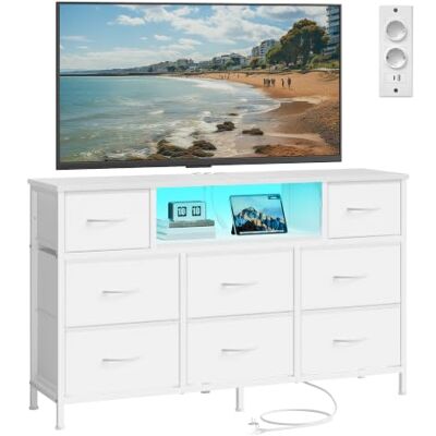 SONGMICS Kommode, Sideboard mit 8 Stoffschubladen, TV-Schrank mit Steckdosen und LED-Beleuchtung, Stahlgestell, 113,8 x 30 x 68,1 cm, Weiß, für Schlafzimmer, Bellah Kollektion LGS433WH02 SONGMICS Kommode, Sideboard mit 8 Stoffschubladen, TV-Schrank mit Steckdosen und LED-Beleuchtung, Stahlgestell, 113,8 x 30 x 68,1 cm, Weiß, für Schlafzimmer, Bellah Kollektion LGS433WH02