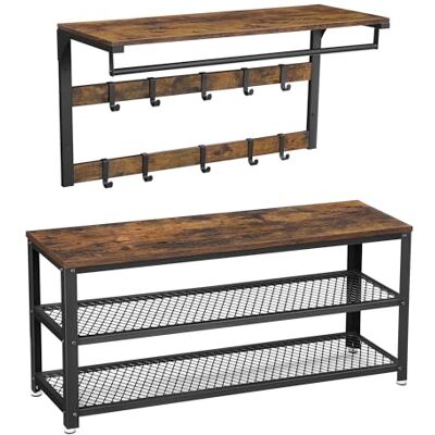VASAGLE Wandgarderobe, Schuhbank, Wandregal mit Ablage und 10 Haken, Schuhregal mit 3 Ebenen, Aufbewahrung, Metallgestell, Flur, Eingangsbereich, Industrie-Design, vintagebraun-schwarz LCR178K01 VASAGLE Wandgarderobe, Schuhbank, Wandregal mit Ablage und 10 Haken, Schuhregal mit 3 Ebenen, Aufbewahrung, Metallgestell, Flur, Eingangsbereich, Industrie-Design, vintagebraun-schwarz LCR178K01