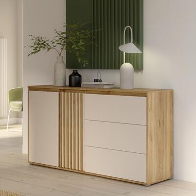 Forte ELISTON Kommode 160, modernes Sideboard mit Lamellendesign, 2-türig, 3 Schubladen, Wohn-/Schlafzimmer, Mauvella Eiche Holzdekor Kashmir Beige, 159,3 cm breit x 84,9 cm hoch x 41,5 cm tief Forte ELISTON Kommode 160, modernes Sideboard mit Lamellendesign, 2-türig, 3 Schubladen, Wohn-/Schlafzimmer, Mauvella Eiche Holzdekor Kashmir Beige, 159,3 cm breit x 84,9 cm hoch x 41,5 cm tief