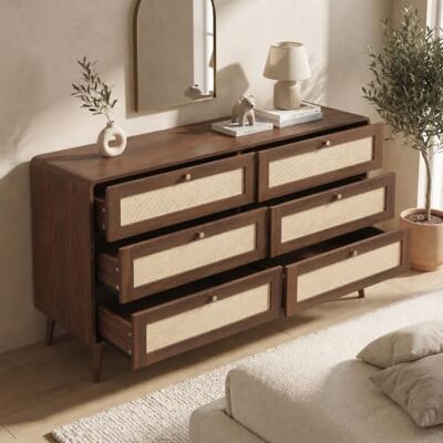 Merax Kommode 120x40x80 cm mit 6 Schubladen, Rattan-Optik, Walnuss-Finish, abgerundeten Ecken & erhöhten Beinen – Schlafzimmerkommode, Dunkle Holzfarbe Merax Kommode 120x40x80 cm mit 6 Schubladen, Rattan-Optik, Walnuss-Finish, abgerundeten Ecken & erhöhten Beinen – Schlafzimmerkommode, Dunkle Holzfarbe