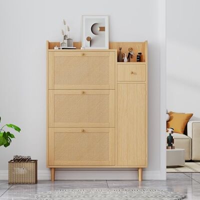 Merax Rattan Schuhschrank mit 3 Klappen & Schublade – Platzsparender Schuhkipper für schmale Flure – Schuhkommode aus Holzwerkstoff mit Massivholzbeinen – B90 x H125 x T17 cm (Natur) Merax Rattan Schuhschrank mit 3 Klappen & Schublade – Platzsparender Schuhkipper für schmale Flure – Schuhkommode aus Holzwerkstoff mit Massivholzbeinen – B90 x H125 x T17 cm (Natur)