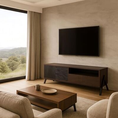 Mendler TV-Rack HWC-O40 MDF Metall Melamin 48x155x40cm Walnuss-Optik Lowboard, TV-Schrank, 2 Schubladen, Türen, Staufächer Mendler TV-Rack HWC-O40 MDF Metall Melamin 48x155x40cm Walnuss-Optik Lowboard, TV-Schrank, 2 Schubladen, Türen, Staufächer