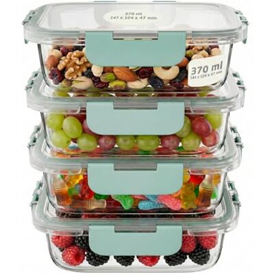 Amig Set mit 4 rechteckigen luftdichten Glasbehältern für Lebensmittel Fassungsvermögen: 370 ml 145 x 104 x 47 mm Glasbehälter für Mikrowelle, Gefrierschrank und Geschirrspüler Grüne Farbe Amig Set mit 4 rechteckigen luftdichten Glasbehältern für Lebensmittel Fassungsvermögen: 370 ml 145 x 104 x 47 mm Glasbehälter für Mikrowelle, Gefrierschrank und Geschirrspüler Grüne Farbe