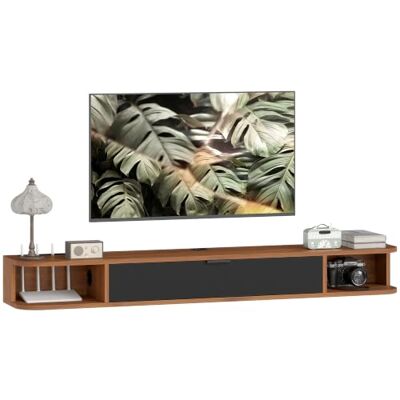 HOMCOM 55" schwebender TV-Ständer Modernes Regal für TVs bis 60" Walnuss Wandmontierte Medienkonsole, Klappschublade, 2 offene Regale, Kabelmanagement, Wohnzimmer HOMCOM 55" schwebender TV-Ständer Modernes Regal für TVs bis 60" Walnuss Wandmontierte Medienkonsole, Klappschublade, 2 offene Regale, Kabelmanagement, Wohnzimmer