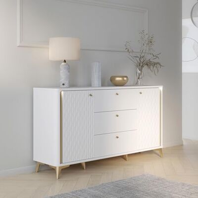 Forte Forrest Hills Elegante Kommode mit 2 Türen und 3 Schubladen, glamouröse Golddetails, Wohn-/Schlafzimmer, Holzwerkstoff, Weiß/Gold, 160,4 cm breit x 87,2 cm hoch x 41,5 cm tief Forte Forrest Hills Elegante Kommode mit 2 Türen und 3 Schubladen, glamouröse Golddetails, Wohn-/Schlafzimmer, Holzwerkstoff, Weiß/Gold, 160,4 cm breit x 87,2 cm hoch x 41,5 cm tief