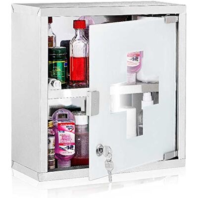 BAKAJI Medizinschrank extra tief aus Edelstahl 30 x 12 x 30 cm mit 1 Fächern und Glas-Tür zum Abschließen mit 2 Schlüsseln für kindersichere Medikamenten-Lagerung, Silber BAKAJI Medizinschrank extra tief aus Edelstahl 30 x 12 x 30 cm mit 1 Fächern und Glas-Tür zum Abschließen mit 2 Schlüsseln für kindersichere Medikamenten-Lagerung, Silber