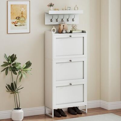 YITAHOME Schuhkipper Schmal Weiss mit Garderobe 5 Haken und 3 Klapptüren, Verstellbares Regal Schuhschrank für Flur Wohnzimmer, Geeignet für Hohe Absätze, 60x25x130cm, Weiß YITAHOME Schuhkipper Schmal Weiss mit Garderobe 5 Haken und 3 Klapptüren, Verstellbares Regal Schuhschrank für Flur Wohnzimmer, Geeignet für Hohe Absätze, 60x25x130cm, Weiß